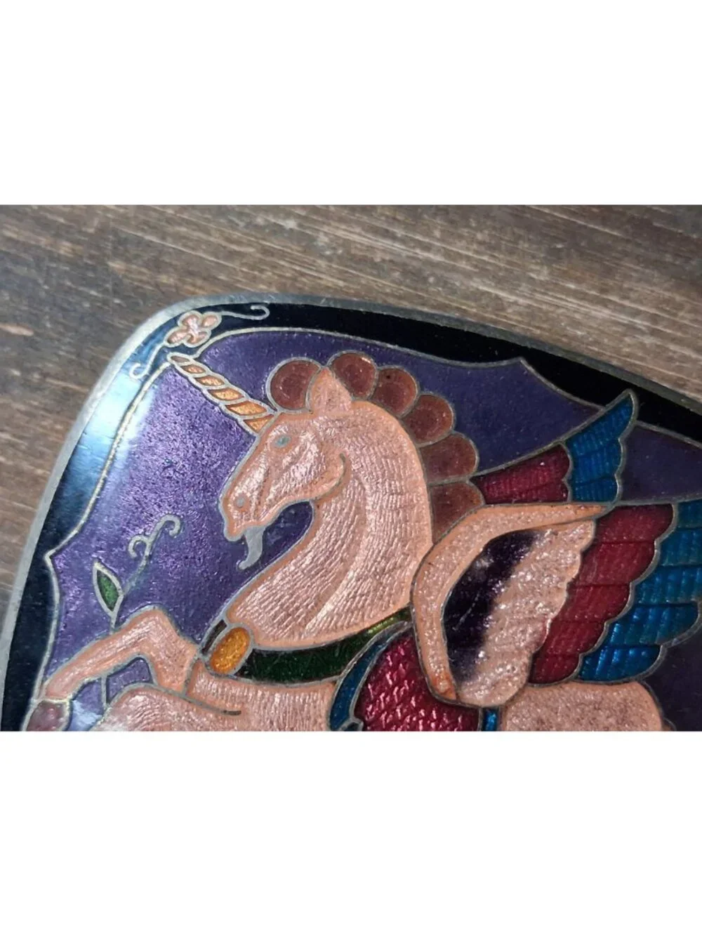 Vintage Winged Unicorn Belt Buckle Epic Cloisonne Enamel Purple Alicorn Mythical